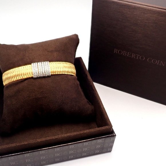 Authentic! Roberto Coin 18k Yellow Gold 9 Row Diamond Silk Weave Bracelet - Picture 3 of 16